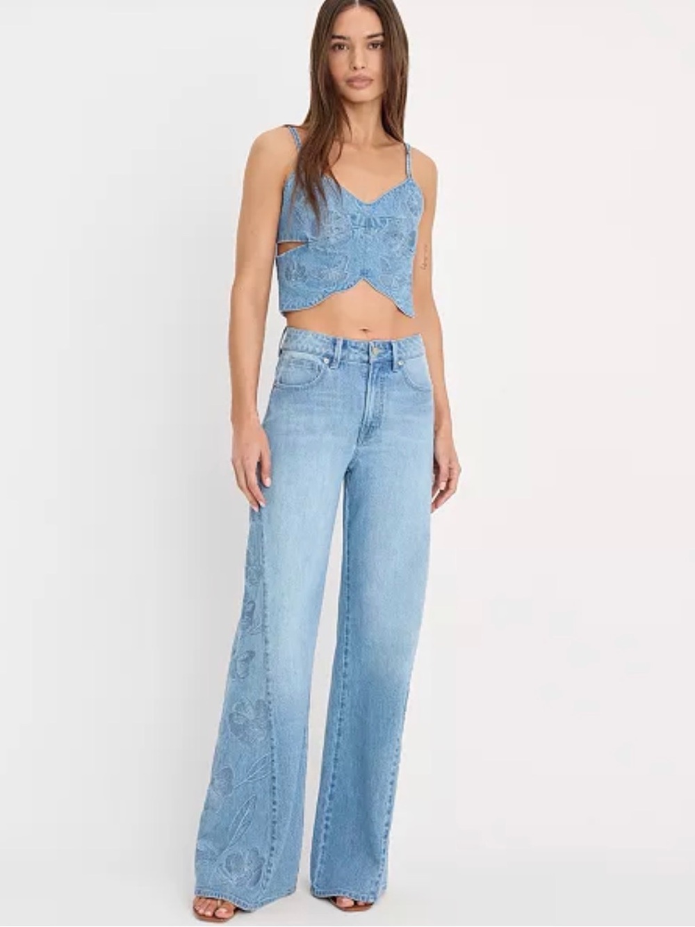 Good American Dolly Joleans High-Rise Wide-Leg Embroidered Jeans Size 27